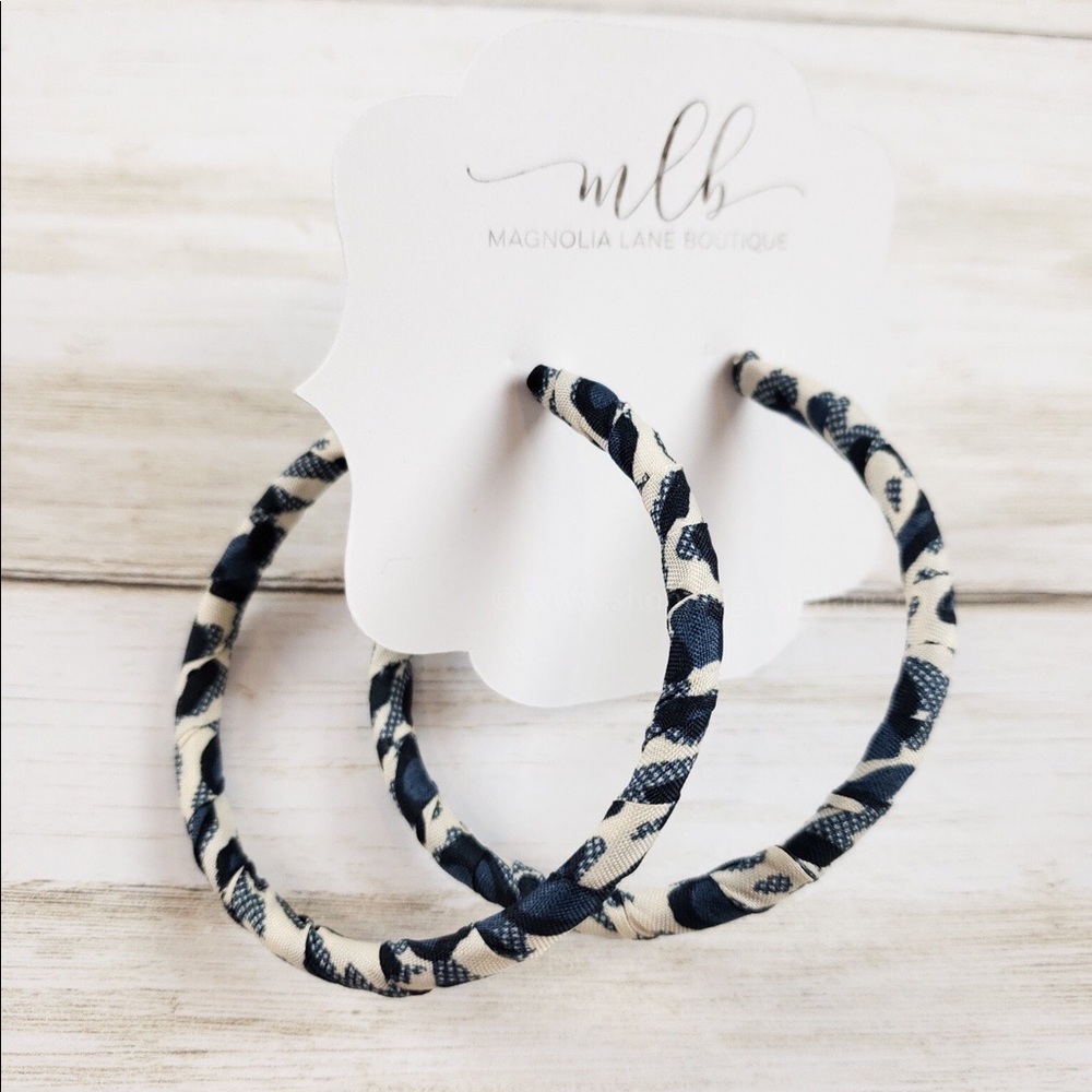Animal Print Cloth Wrapped Hoops - Blue Grey
